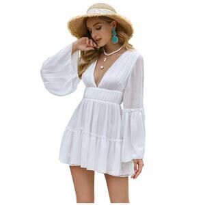 Flowy dress long sleeve  V Neck Ruffle Long Sleeve Mini Dress Casual Short SZ LG